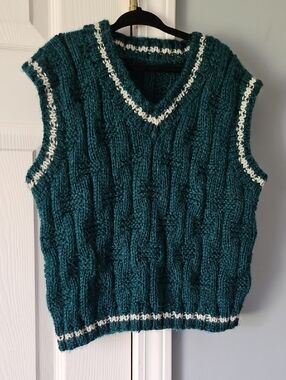 Kids Cable Knit V-Neck Sweater Vest - Teal with White Trim Wool